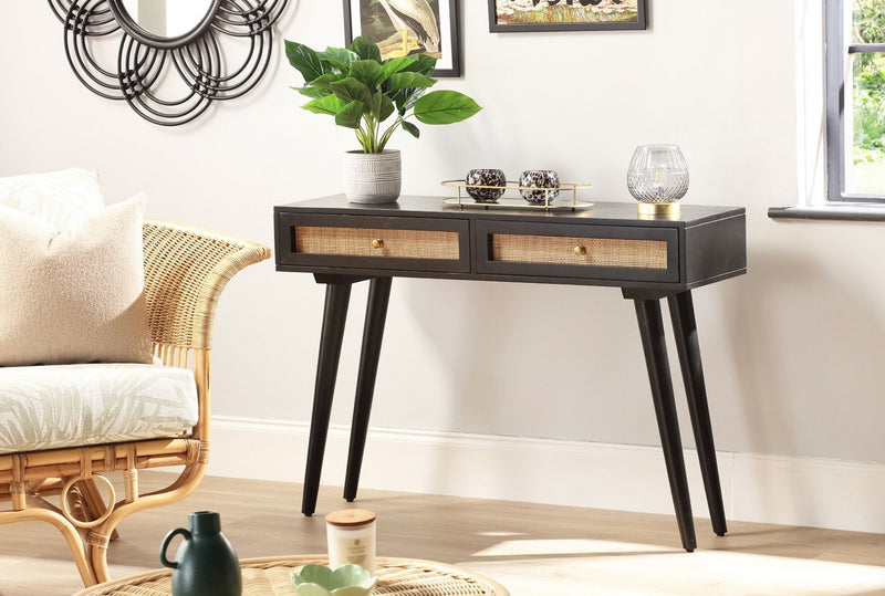 manhattan cane & wood coffee table with drawer and open shelf in black