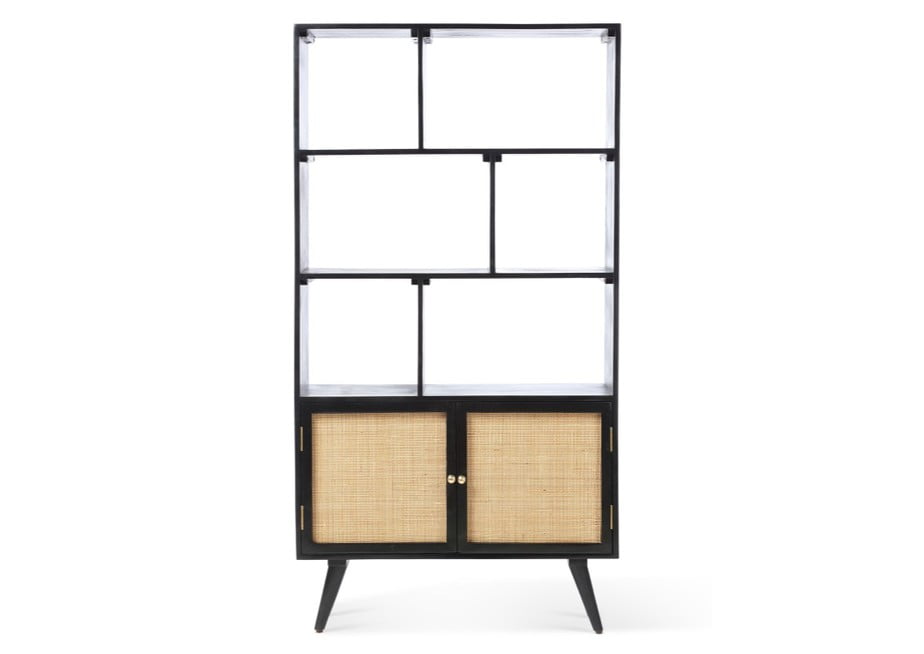 Rattan Mango wood black book shelf case