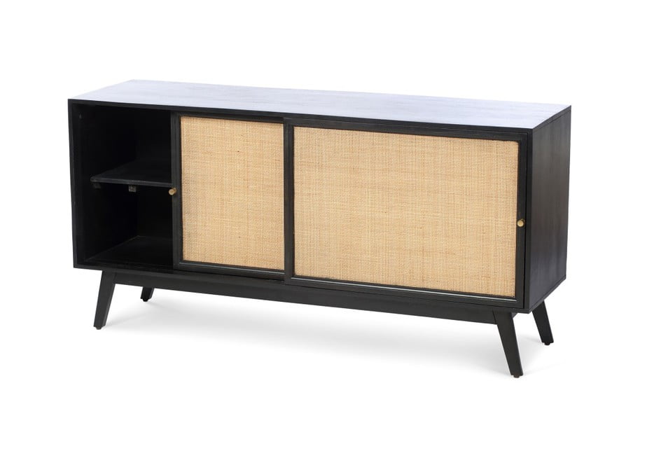 Rattan mango wood black sliding door sideboard