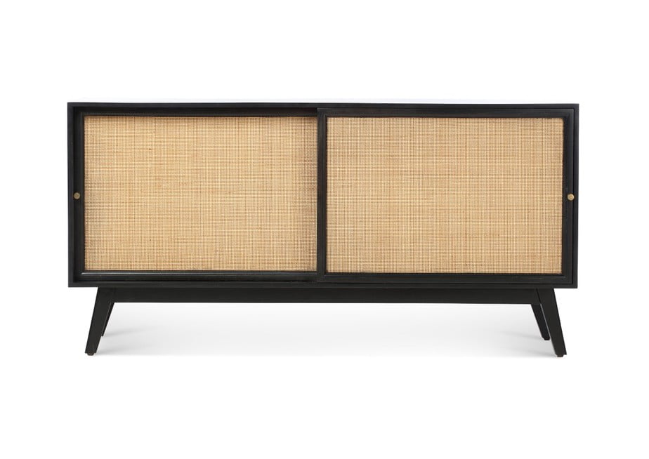 Rattan Mango wood black sliding door sideboard cabinet