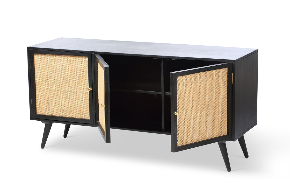 Manhattan Large 3 Door Sideboard Rattan & Wood Cabinet in Black