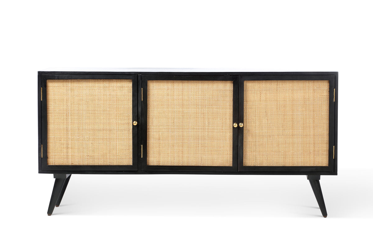Manhattan Large 3 Door Sideboard Rattan & Wood Cabinet in Black