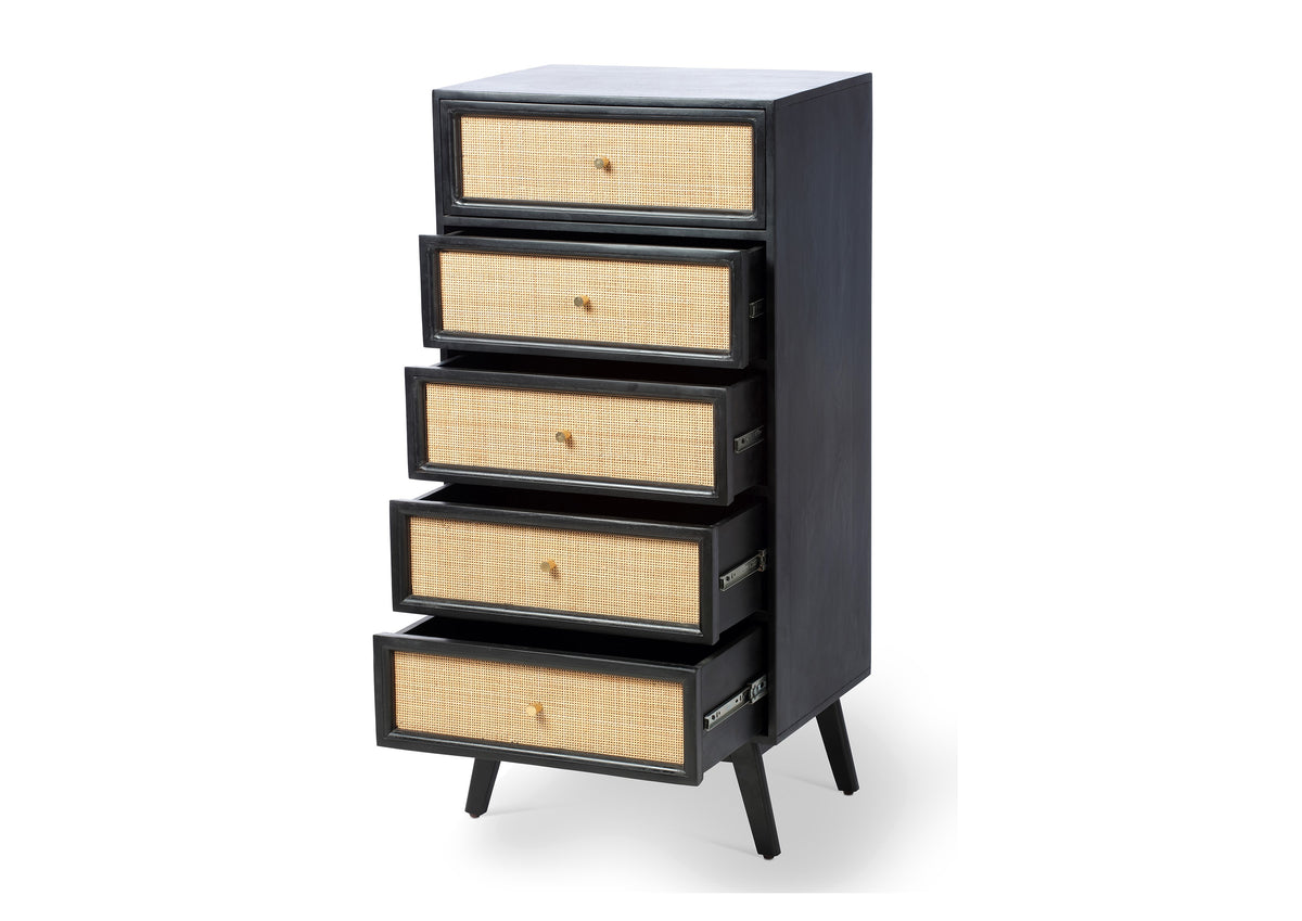 Venice Tall 5 Drawer Unit Rattan & Mango Wood in Black