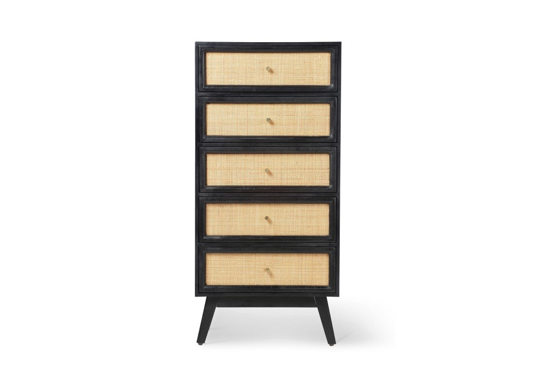 Venice Tall 5 Drawer Unit Rattan & Mango Wood in Black