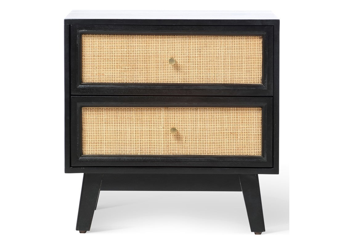 Venice 2 Drawer Bedside Table Rattan & Mango Wood in Black