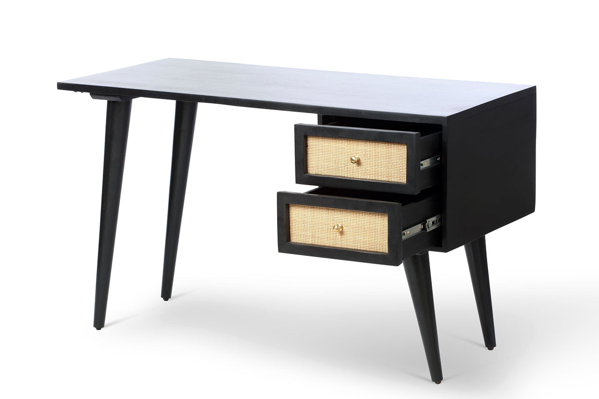 Venice 2 Drawer Cane and Wood Dressing Table Desk & Chair Set in Black