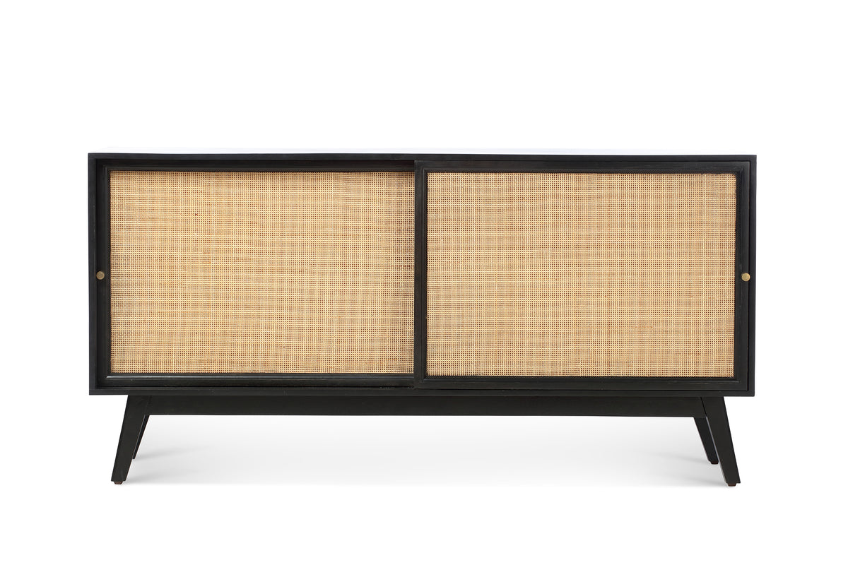 Manhattan Sliding 2 Door Sideboard Rattan Cabinet in Black