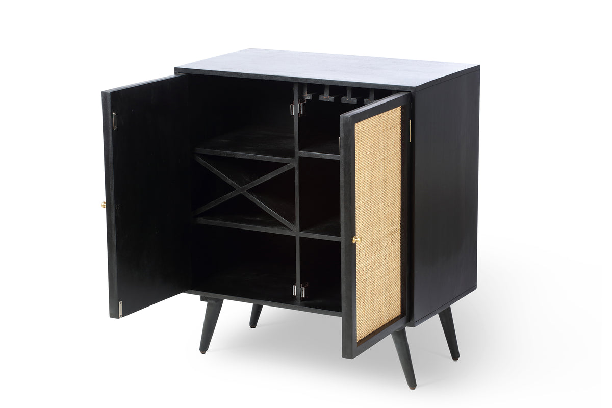 Manhattan Tall 2 Door Sideboard Rattan & Wood Wine Cabinet in Black