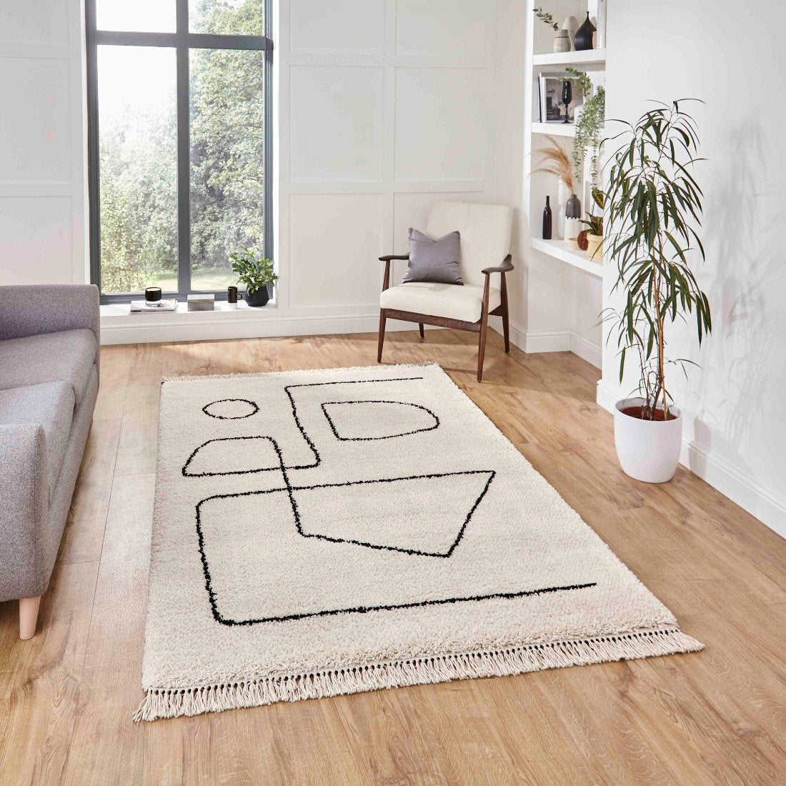 bohemian plush rug in white and black 2 sizes available