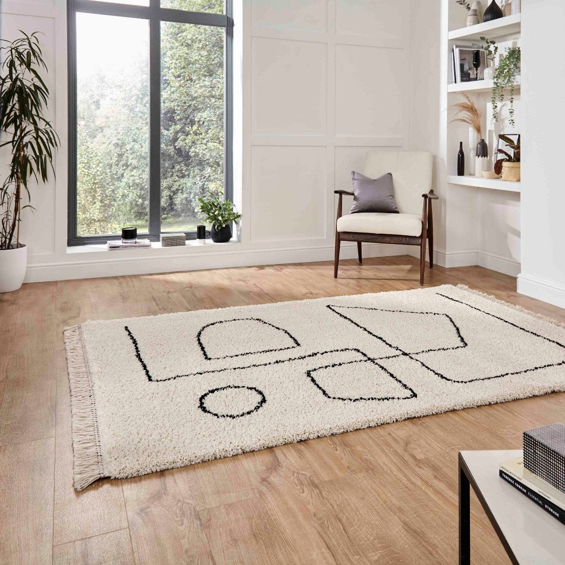 bohemian plush rug in white and black 2 sizes available