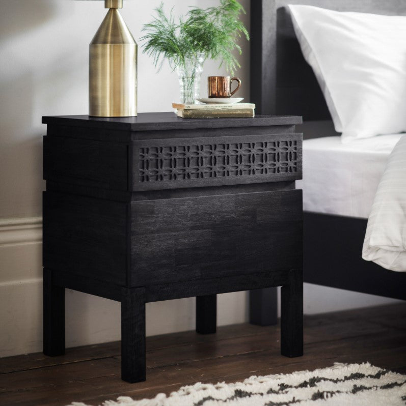 Boho Black Mango Wood Bedside Table 2 Drawer Boutique