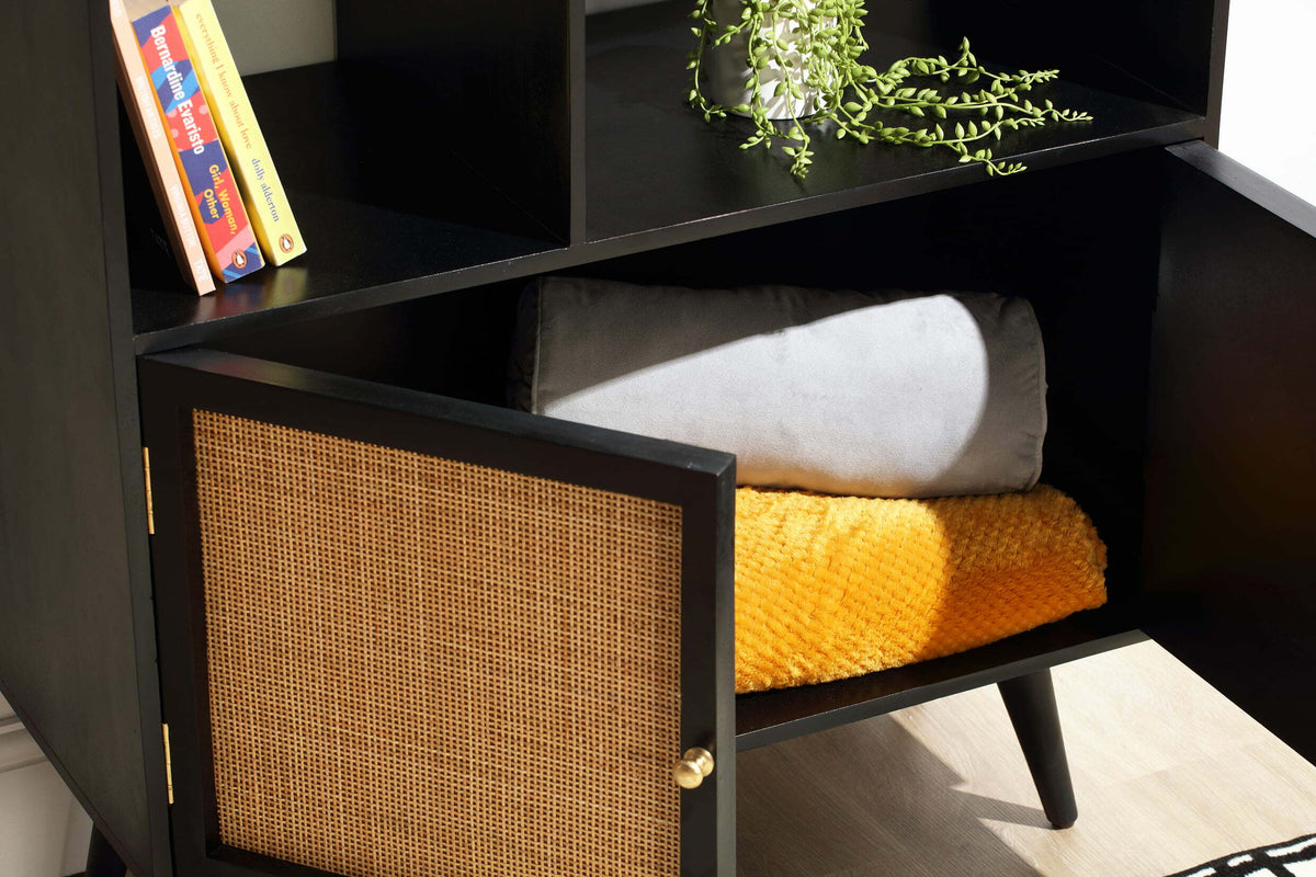 Rattan mango wood book shelf black