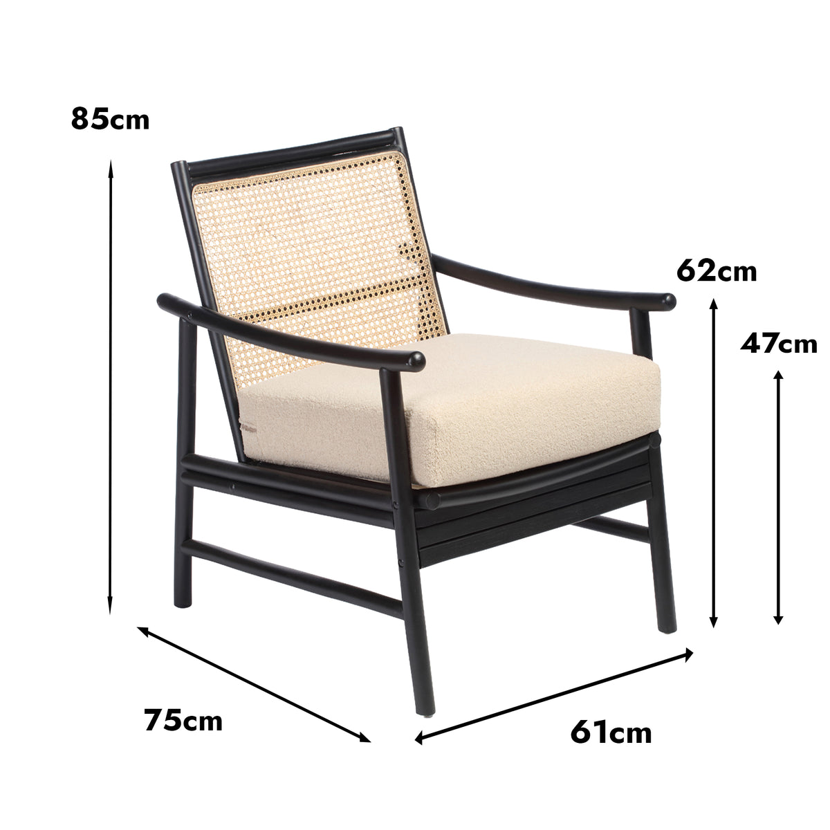Borneo Black Rattan Chair with Boucle Cushion