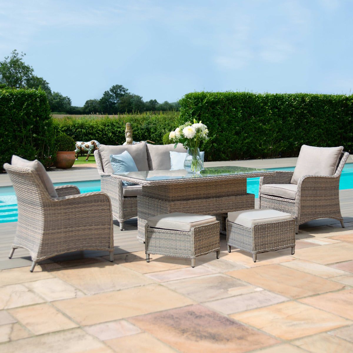 kendal outdoor rattan 2 seat suite with 2x footstools & adjustable table