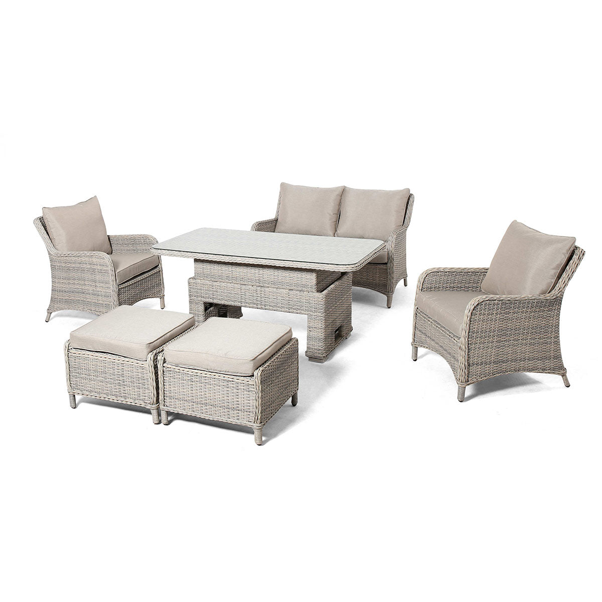 kendal outdoor rattan 2 seat suite with 2x footstools & adjustable table