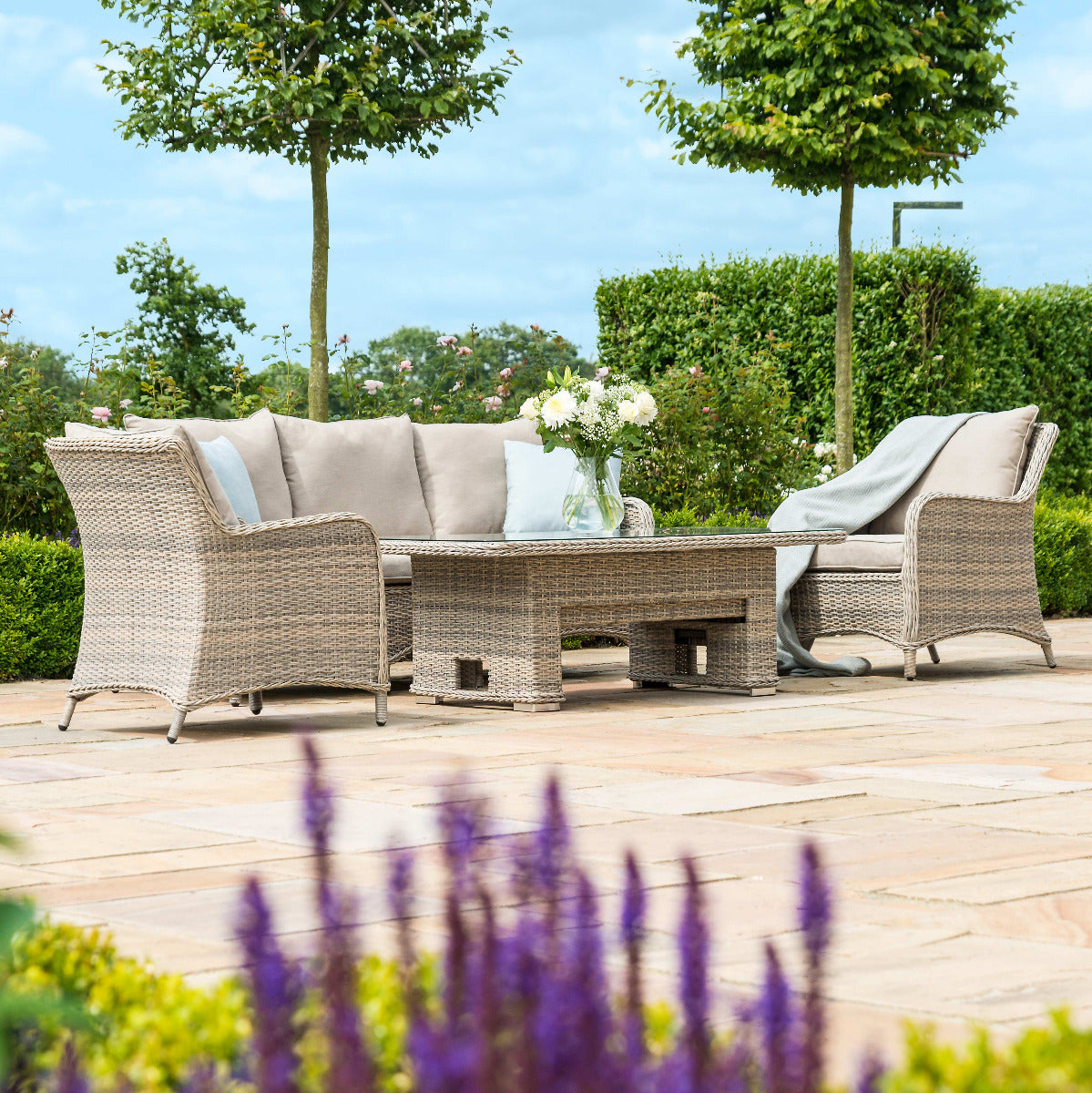 kendal outdoor rattan 3 seat suite with 2x footstools & adjustable table