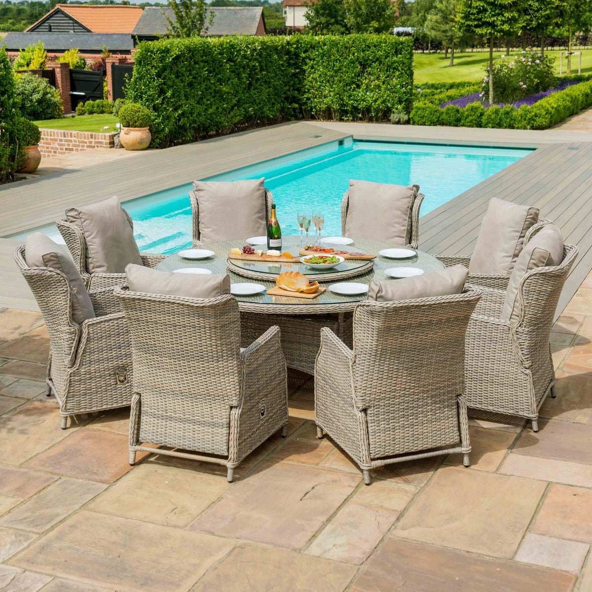 kendal outdoor rattan reclining 8 seat round dining set with lazy susan