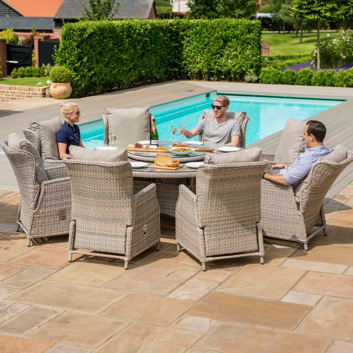 kendal outdoor rattan reclining 8 seat round dining set with lazy susan