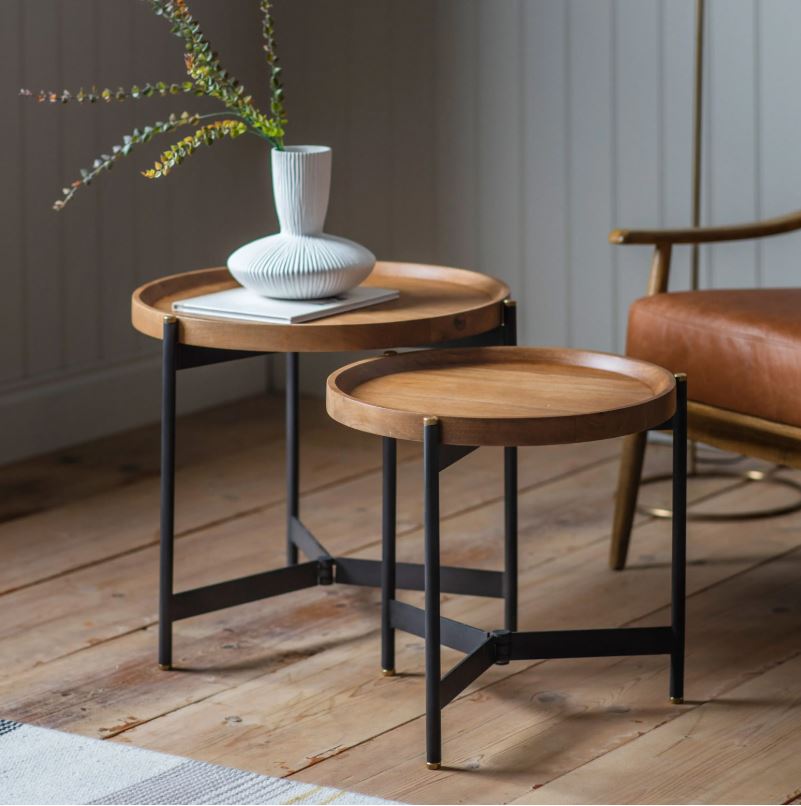 Basel Round Mango Wood Nest of 2 Tables with iron legs