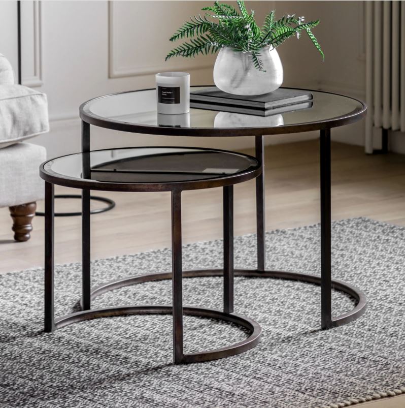 Friar Round Coffee Table Nest of 2 with Glass top and Iron Legs