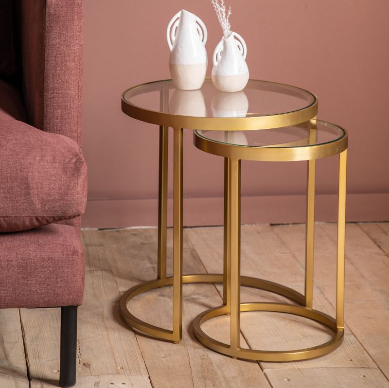 Moet Gold Nest of Two Tables with Glass Top & Iron Legs