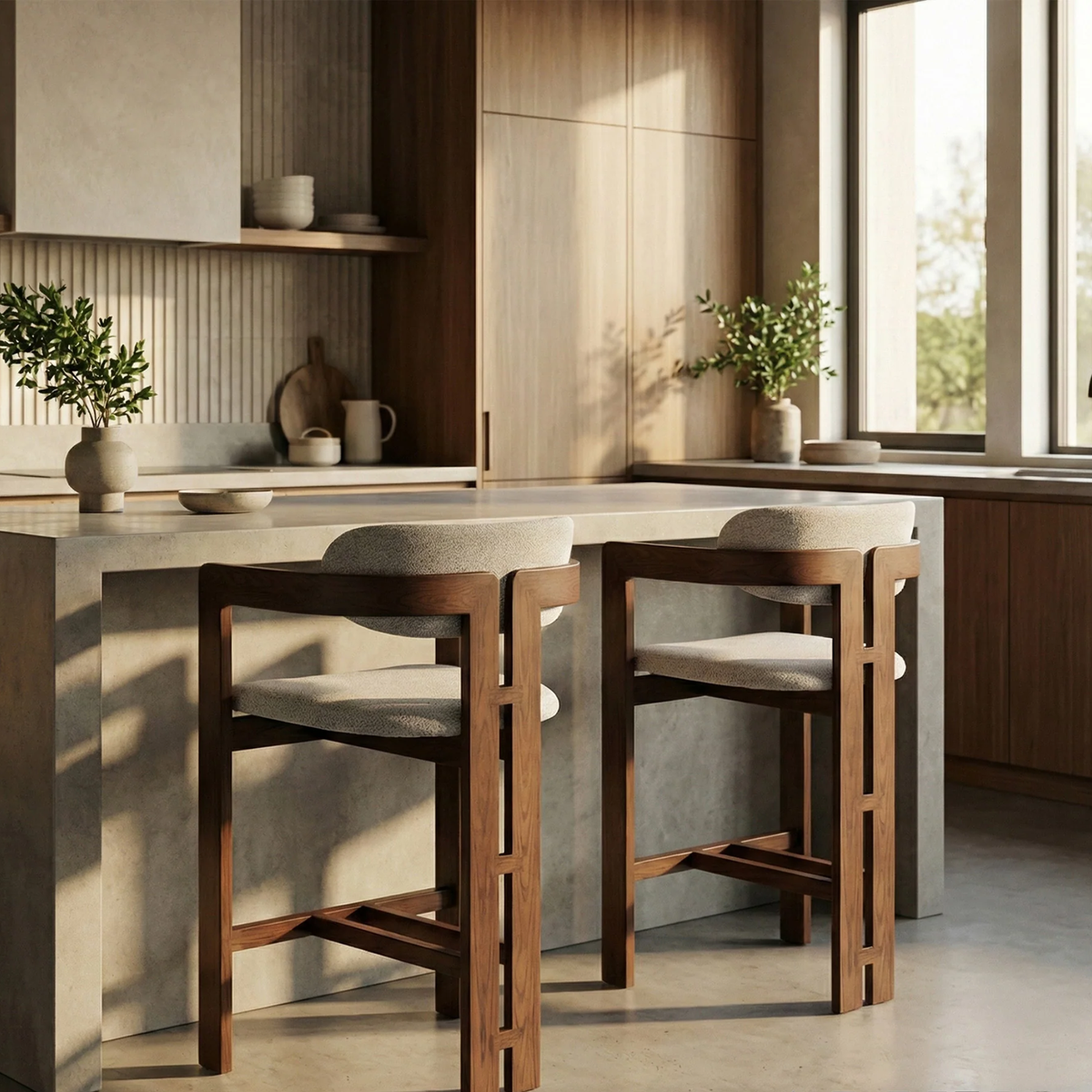 Carmine Walnut Barstool in Oatmeal Bouclé