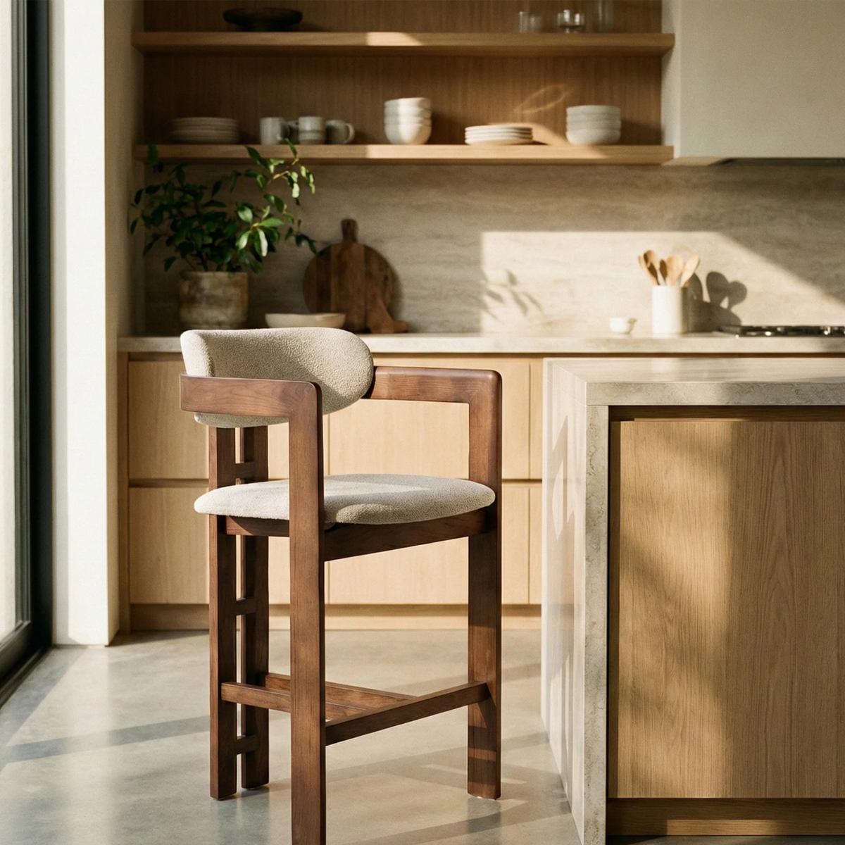 Carmine Walnut Barstool in Oatmeal Bouclé