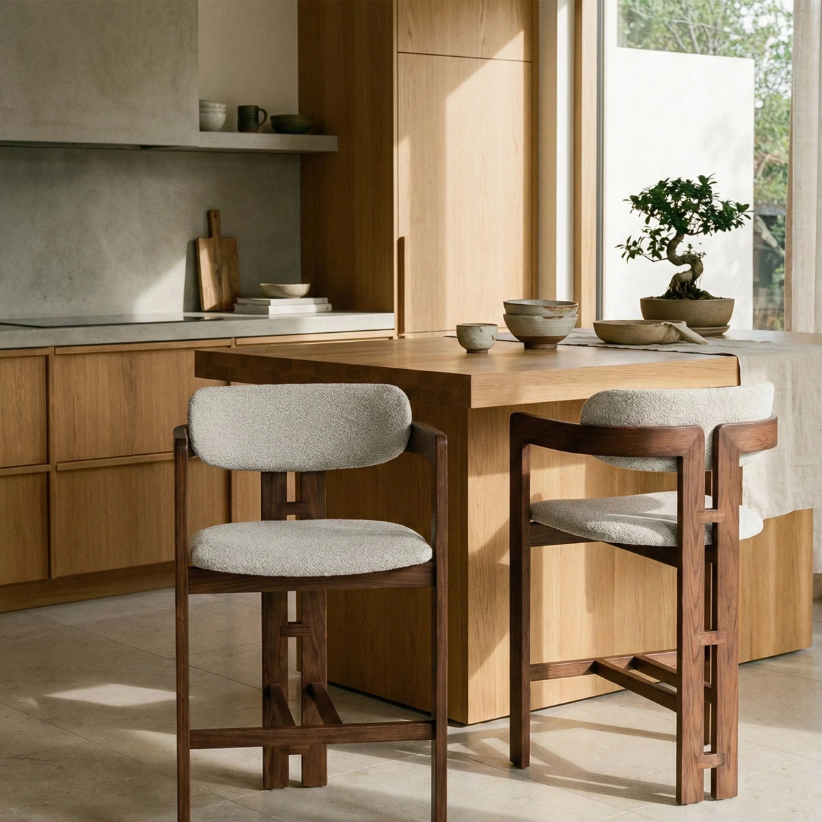 Carmine Walnut Barstool in Oatmeal Bouclé