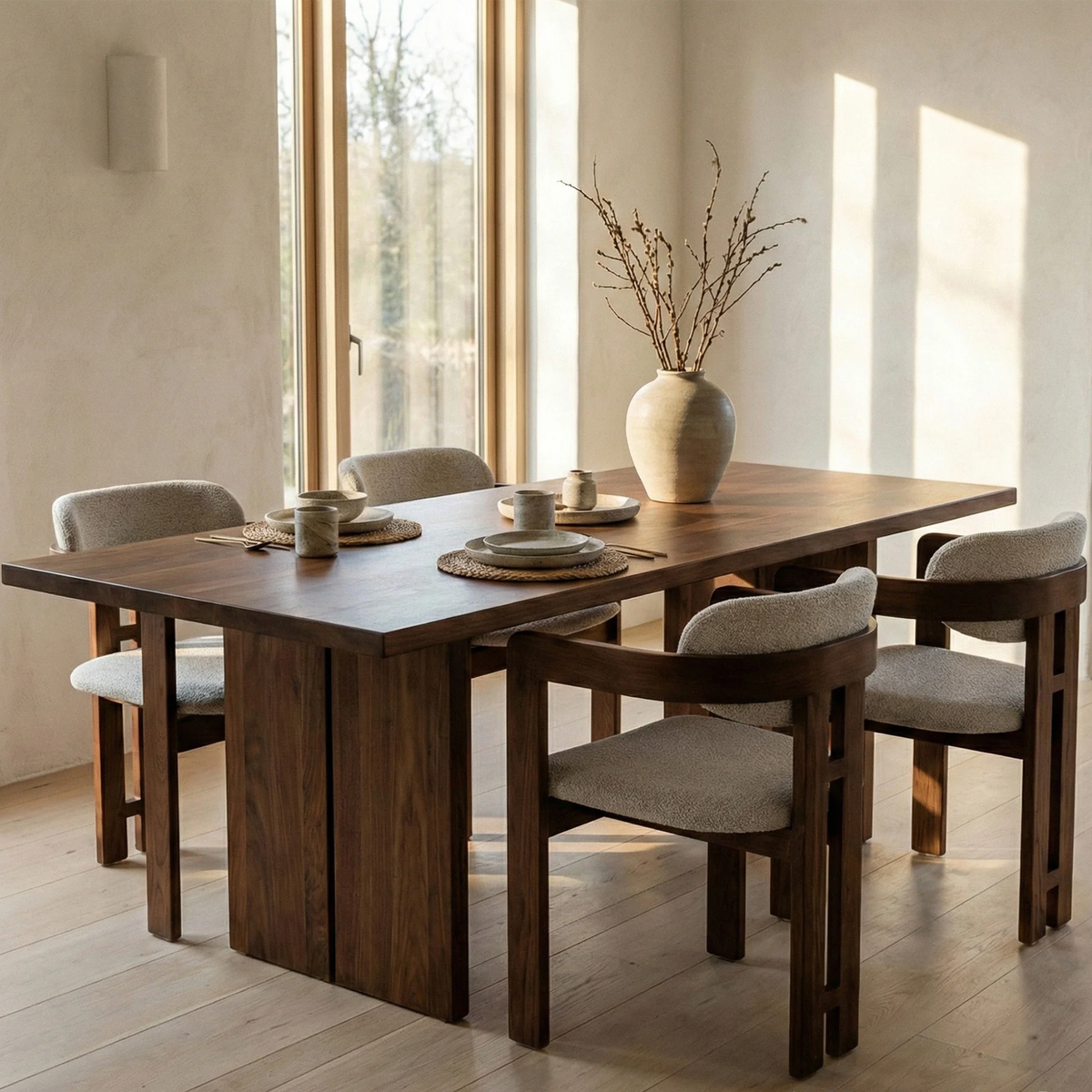 Carmine Walnut Dining Chair in Oatmeal Bouclé - Set of 2