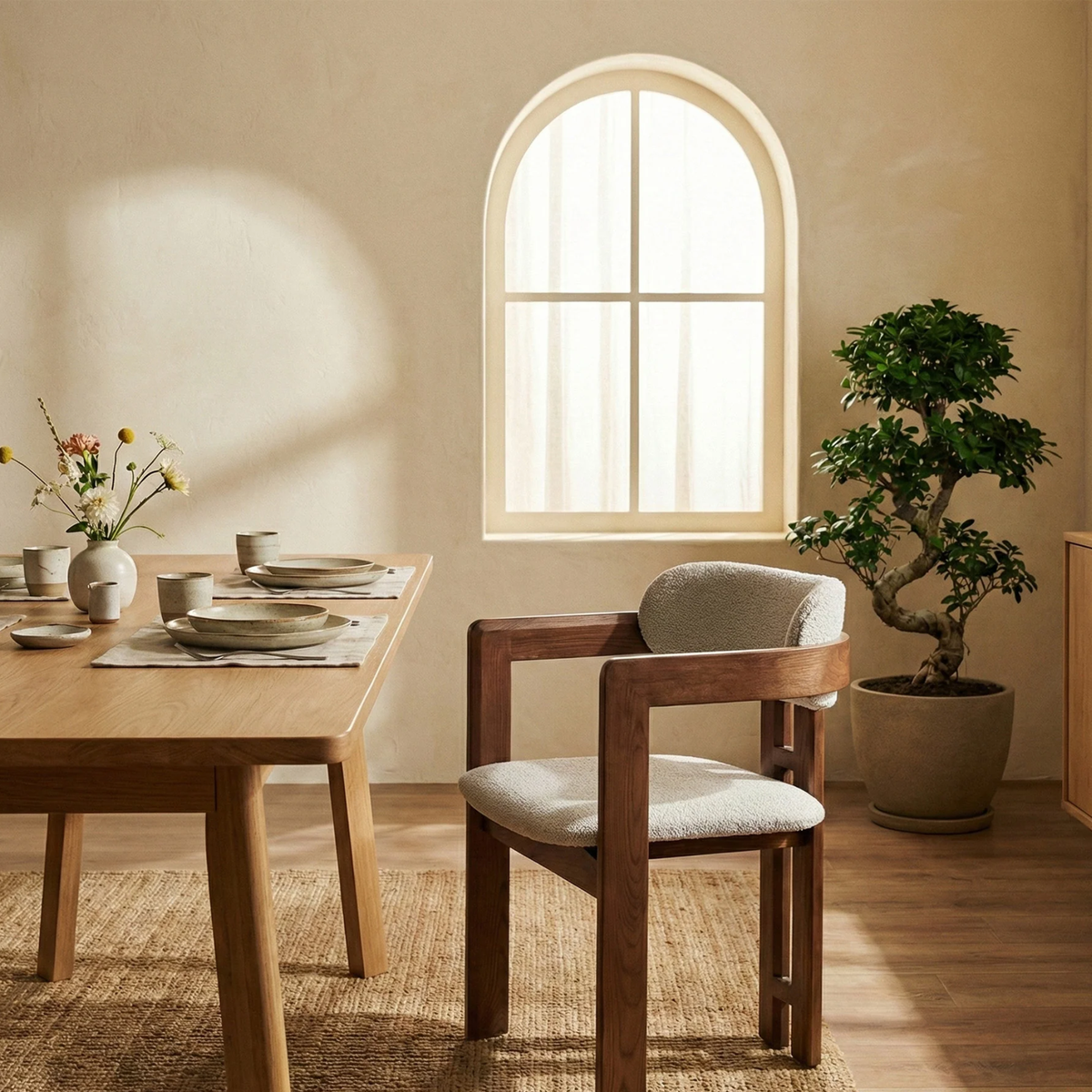 Carmine Walnut Dining Chair in Oatmeal Bouclé - Set of 2