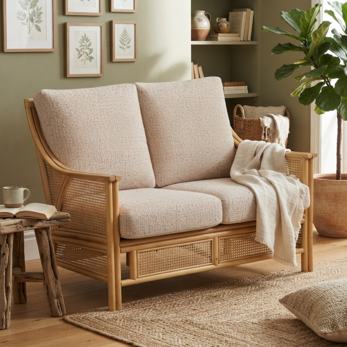 Chester Natural Cane 2-Seater Sofa in Roma Rose
