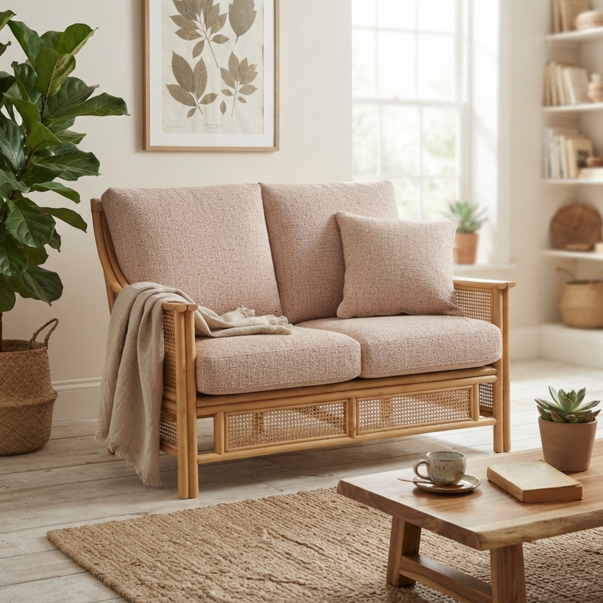 Chester Natural Cane 2-Seater Sofa in Roma Rose