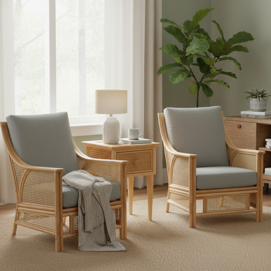Chester Natural Rattan 2 Armchairs and Lamp Table in Roma Teal
