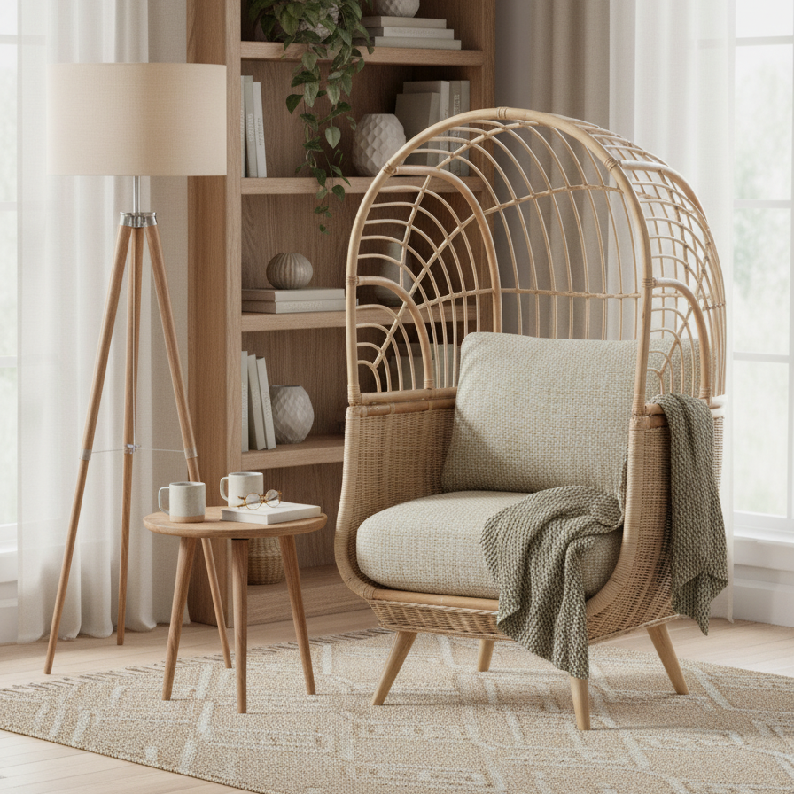 Natural Rattan Cocoon Chair in Pebble