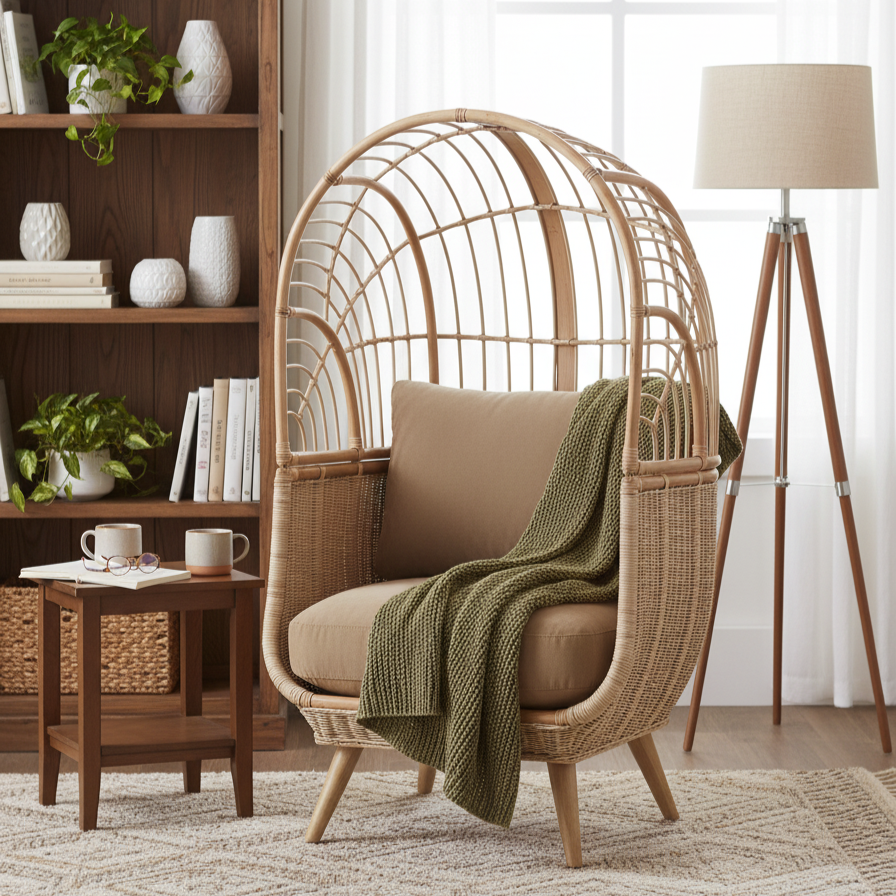 Natural Rattan Cocoon Chair in Velvet Blush