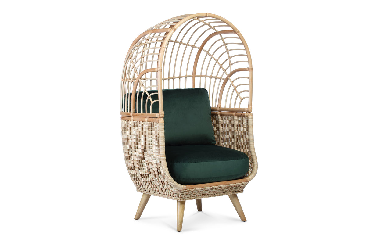 Natural Rattan Cocoon Chair in Velvet Green Cushion