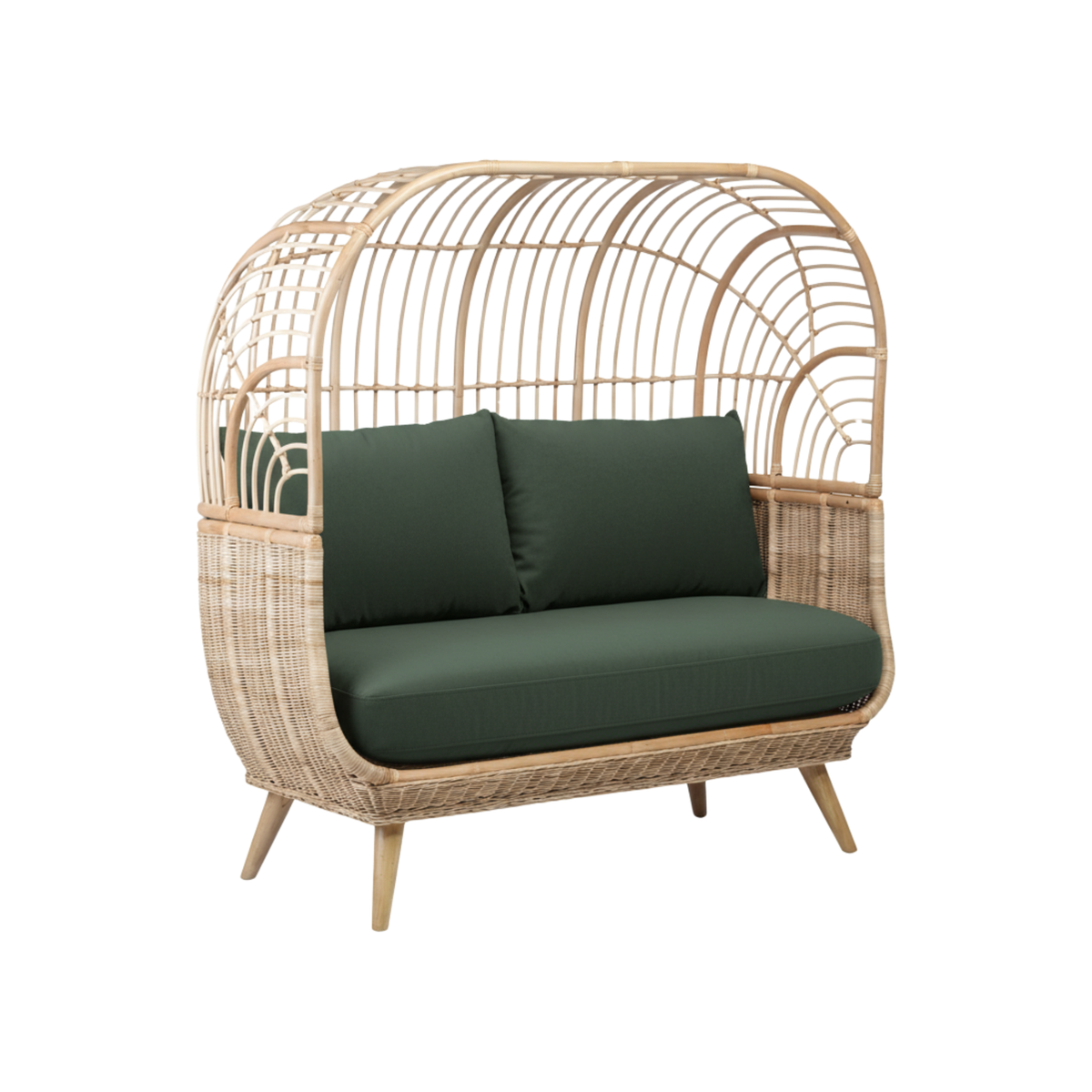 Natural Rattan Cocoon Sofa in Velvet Green