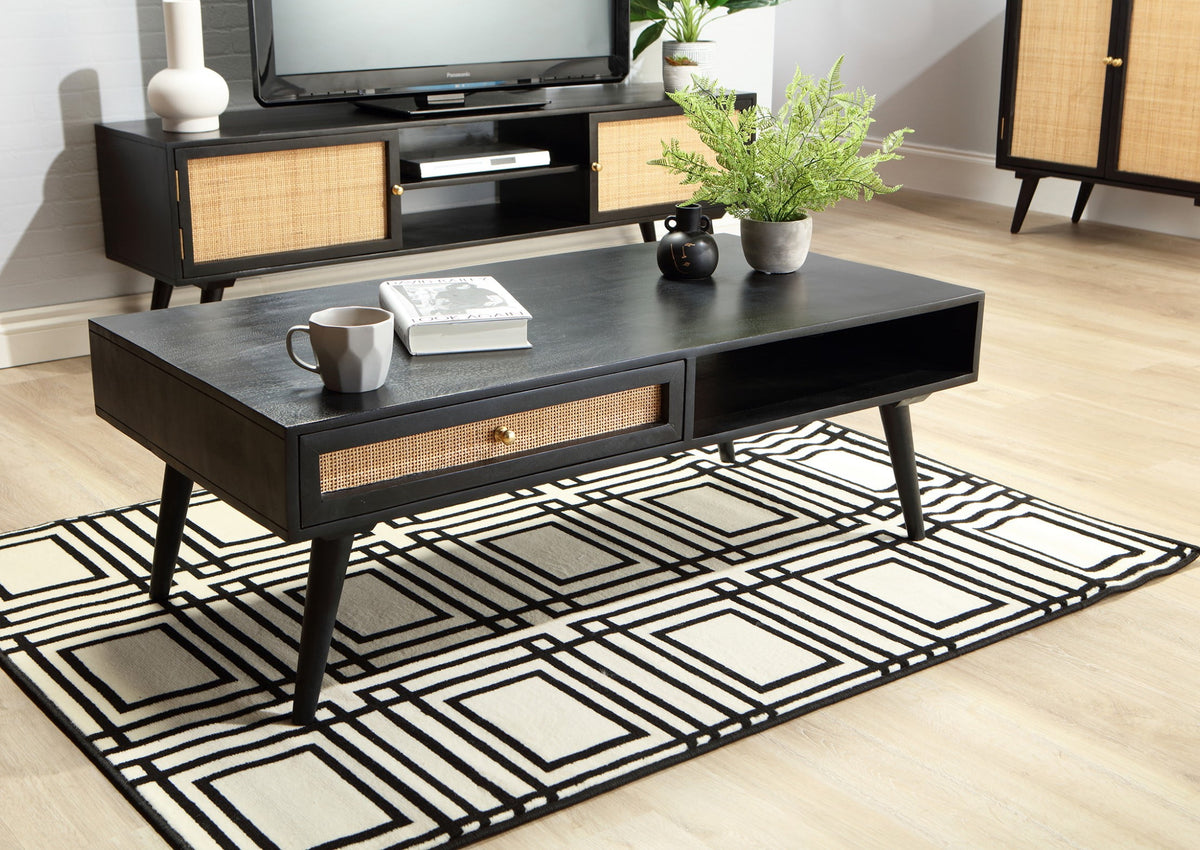 Mango wood rattan coffee table black 2 drawer