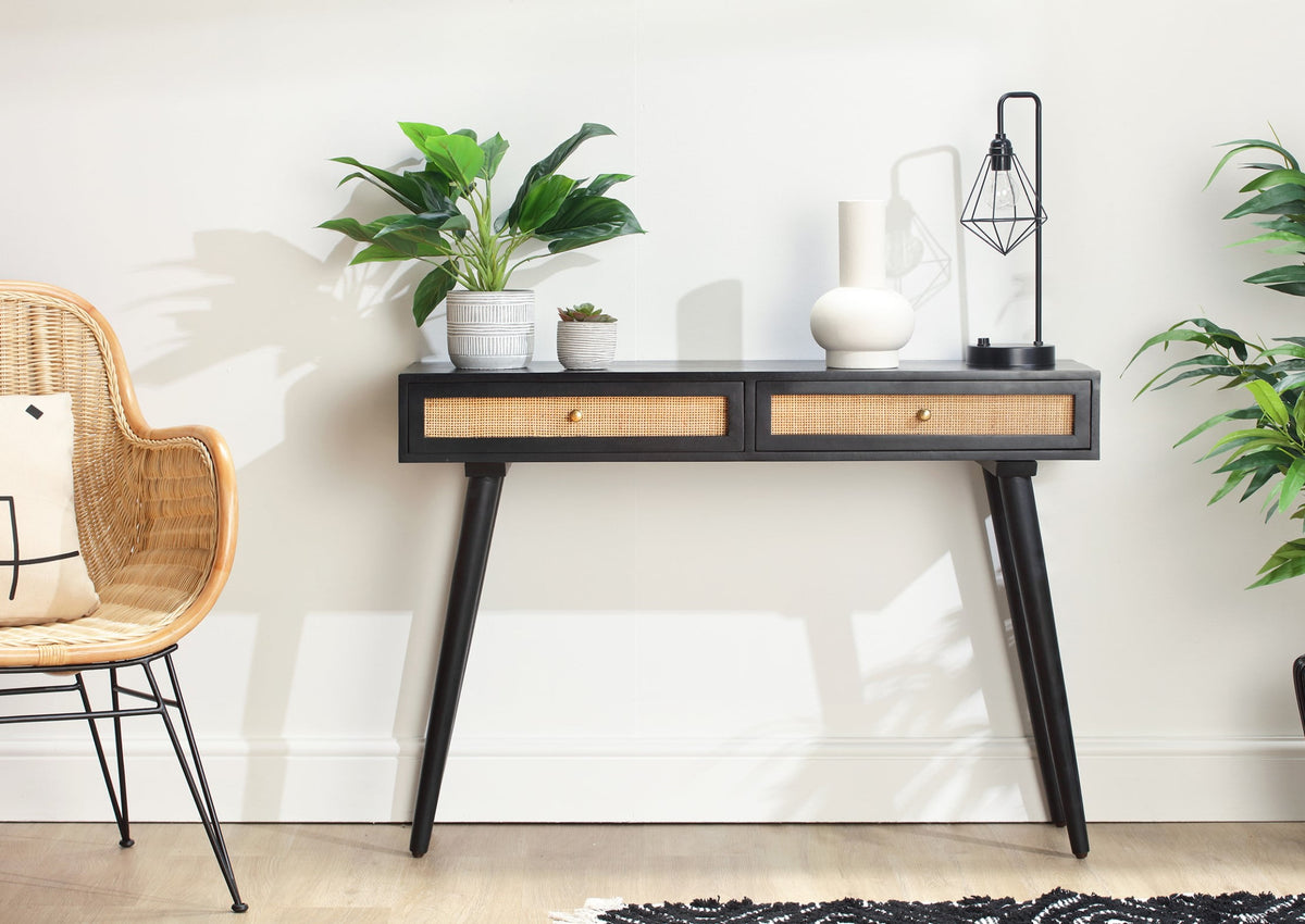 Rattan mango wood console table black