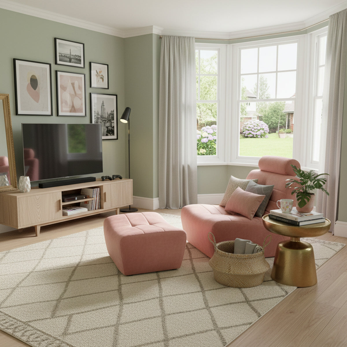 Cozy chair and footstool in Velvet Blush