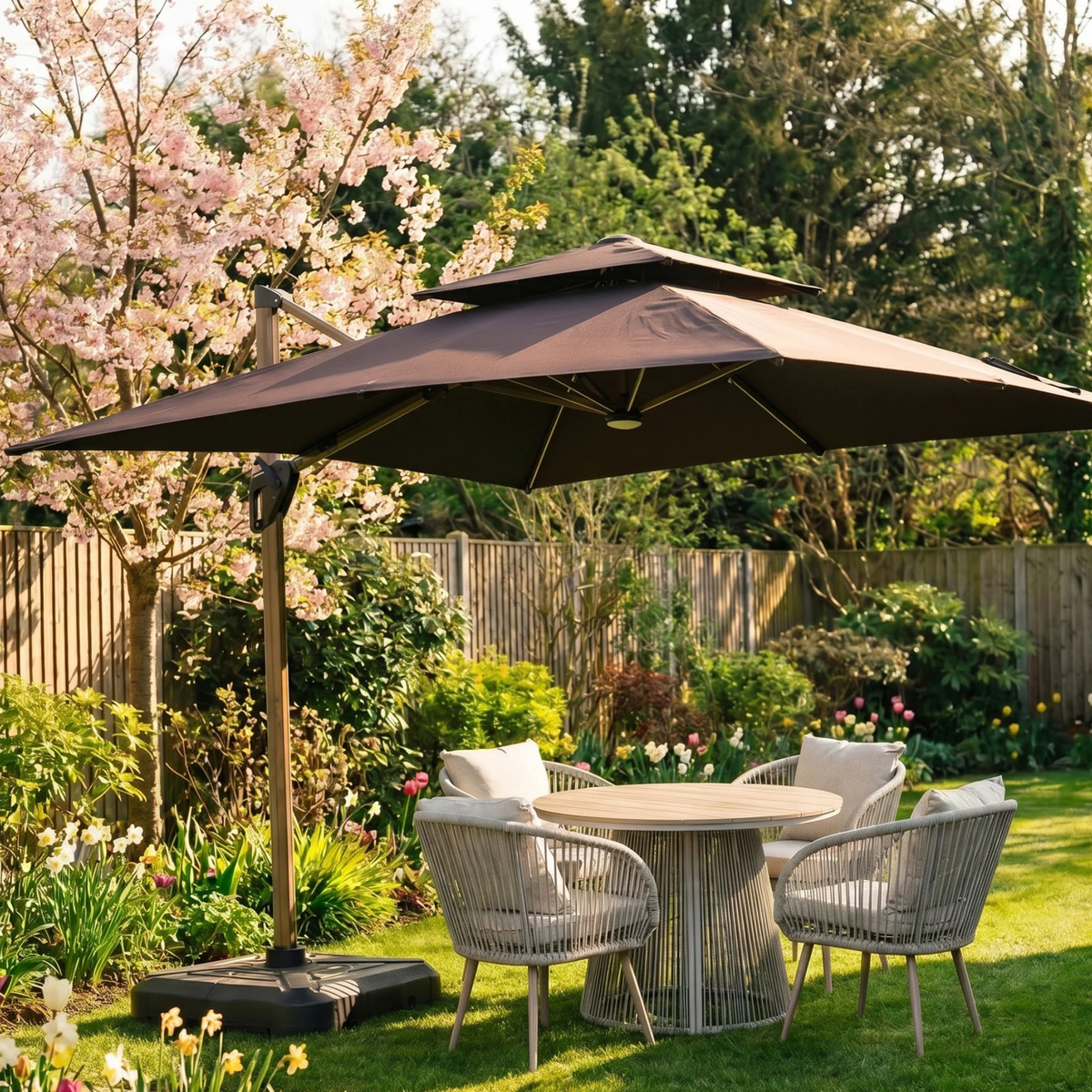 Crescent 3m Cantilever Parasol with Solar powered LED Lights - Brown