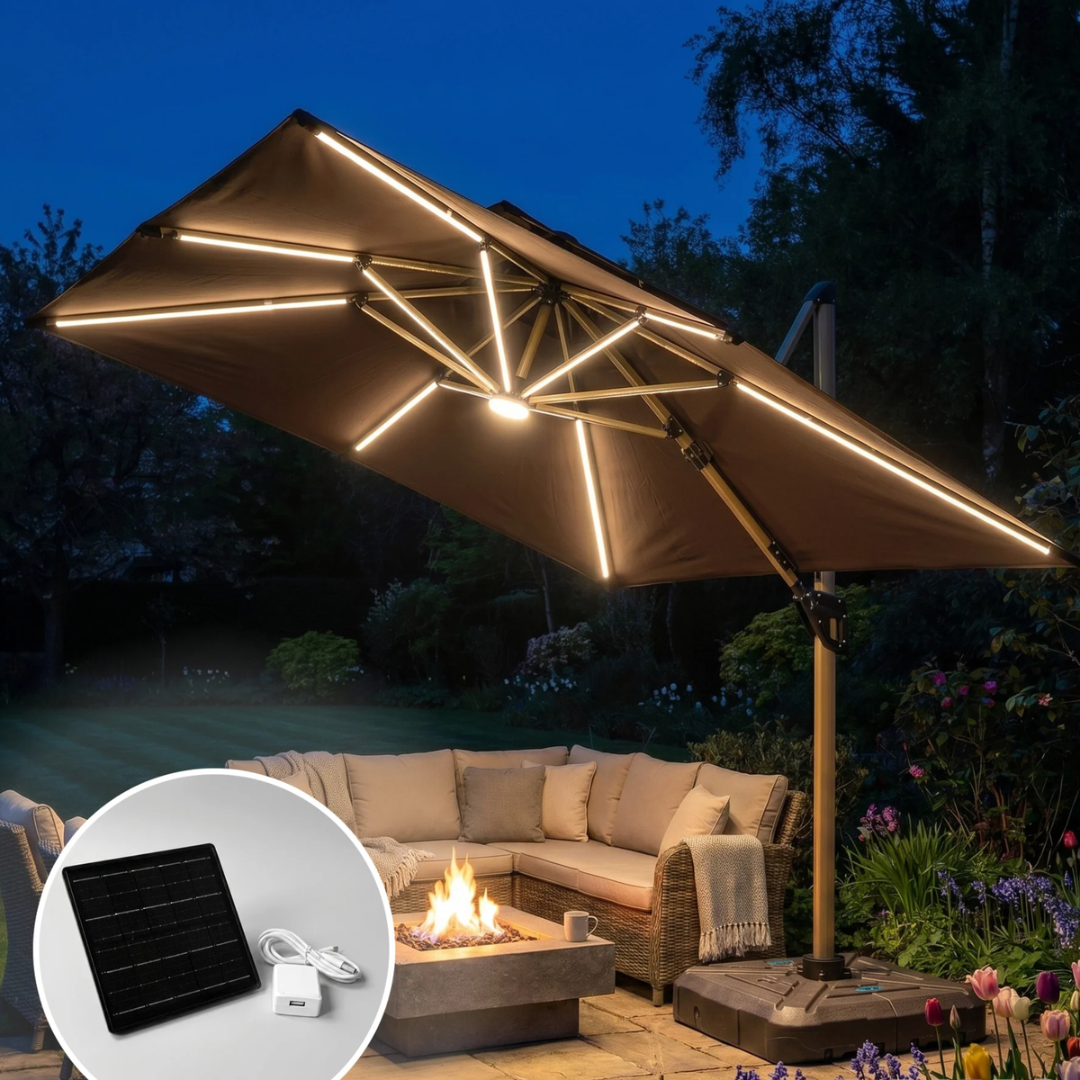 Crescent 3m Cantilever Parasol with Solar powered LED Lights - Brown