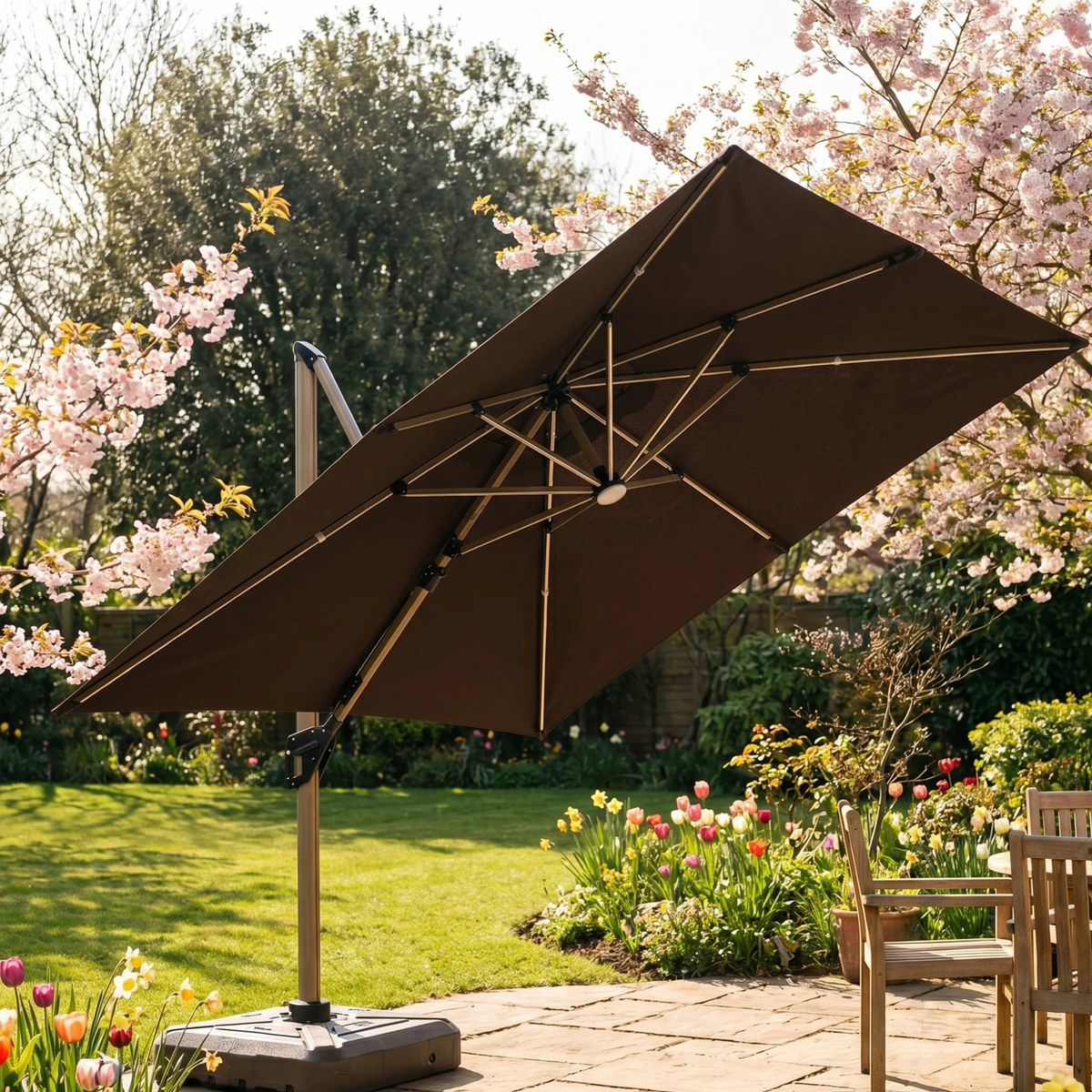 Crescent 3m Cantilever Parasol with Solar powered LED Lights - Brown