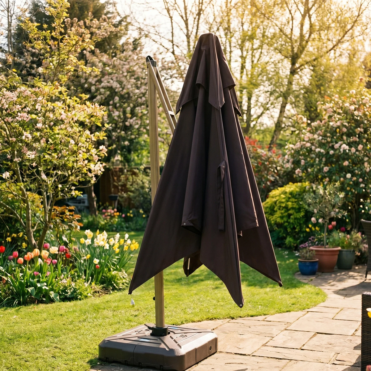 Crescent 3m Cantilever Parasol with Solar powered LED Lights - Brown