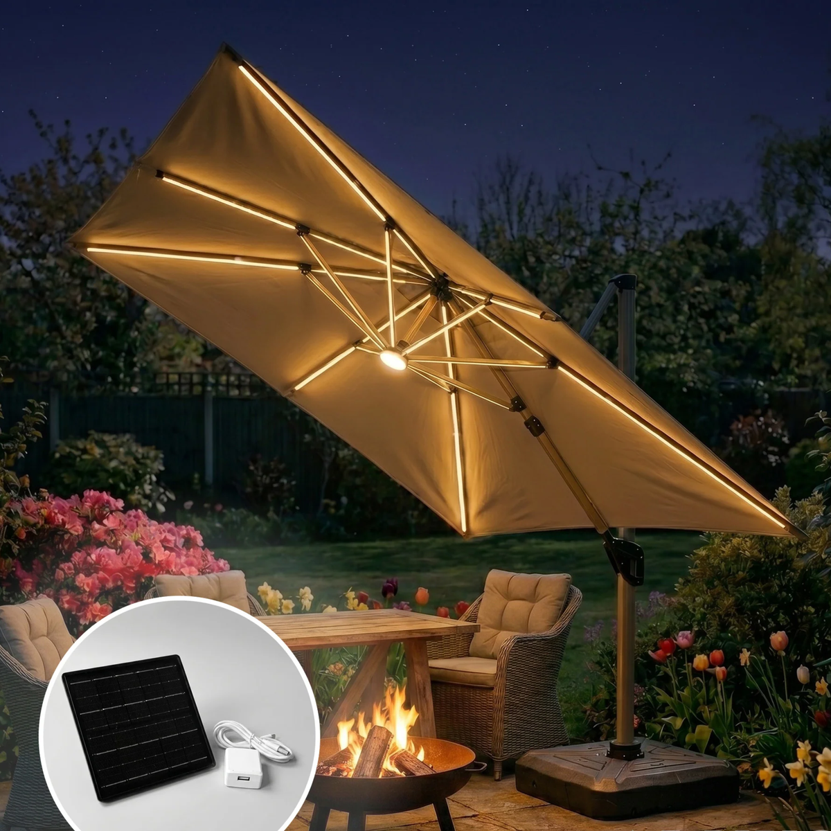 Crescent 3m Cantilever Parasol with Solar powered LED Lights - Khaki Beige