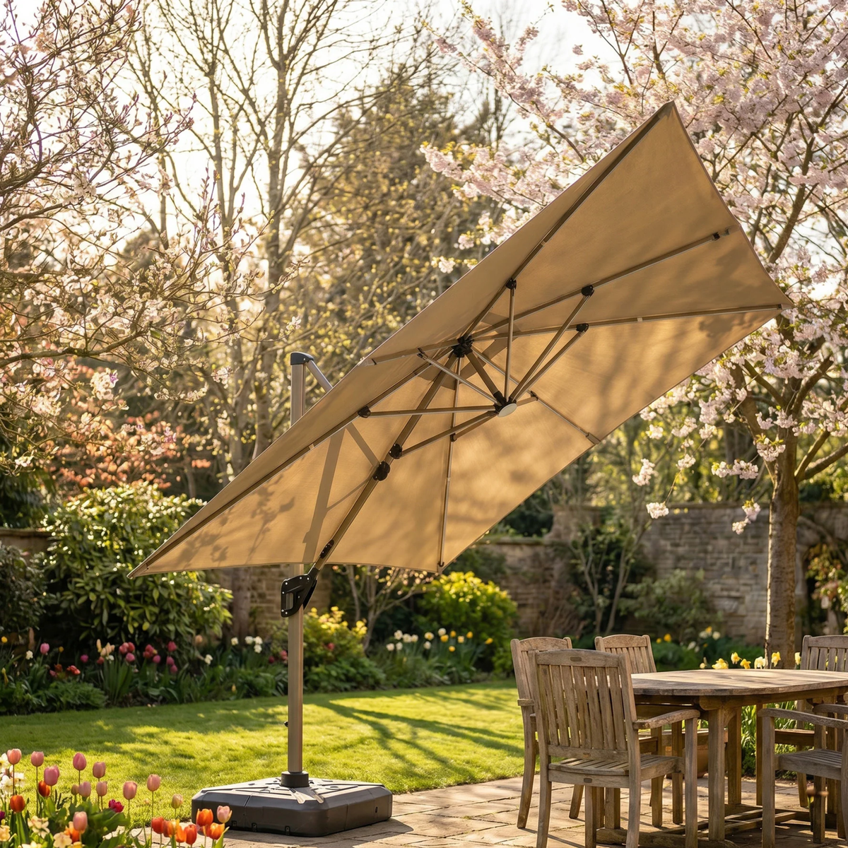 Crescent 3m Cantilever Parasol with Solar powered LED Lights - Khaki Beige