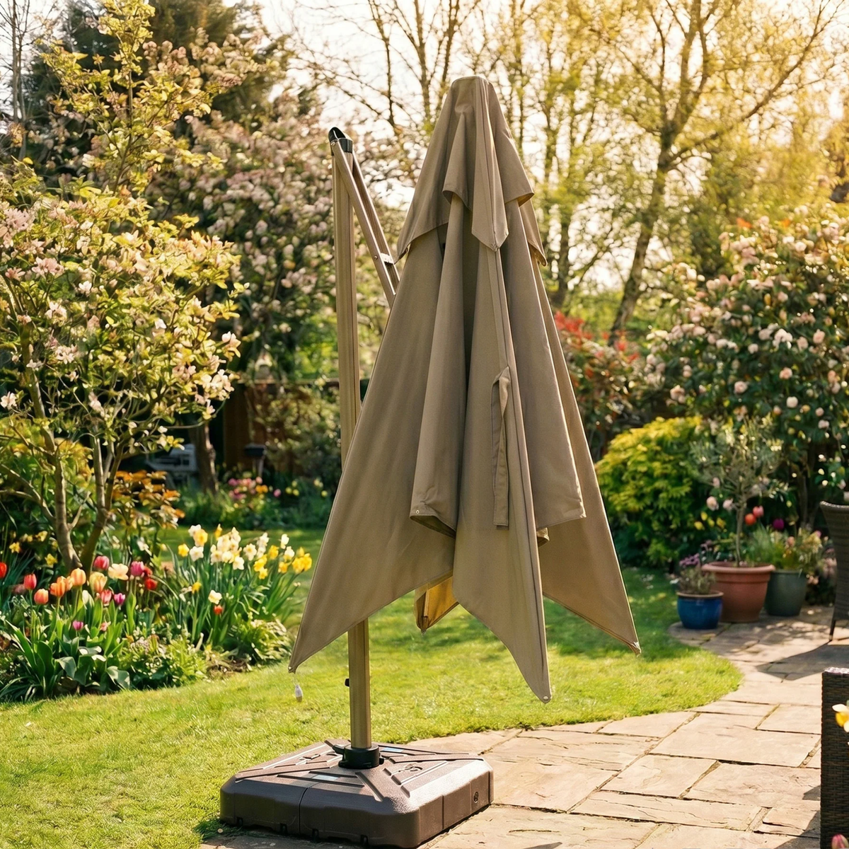 Crescent 3m Cantilever Parasol with Solar powered LED Lights - Khaki Beige