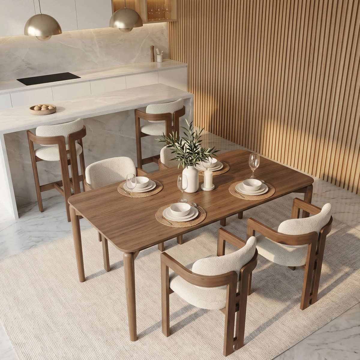 Dalia 150cm Walnut Dining Set – 4-Leg Base Table with 4 Carmine Oatmeal Boucle Chairs