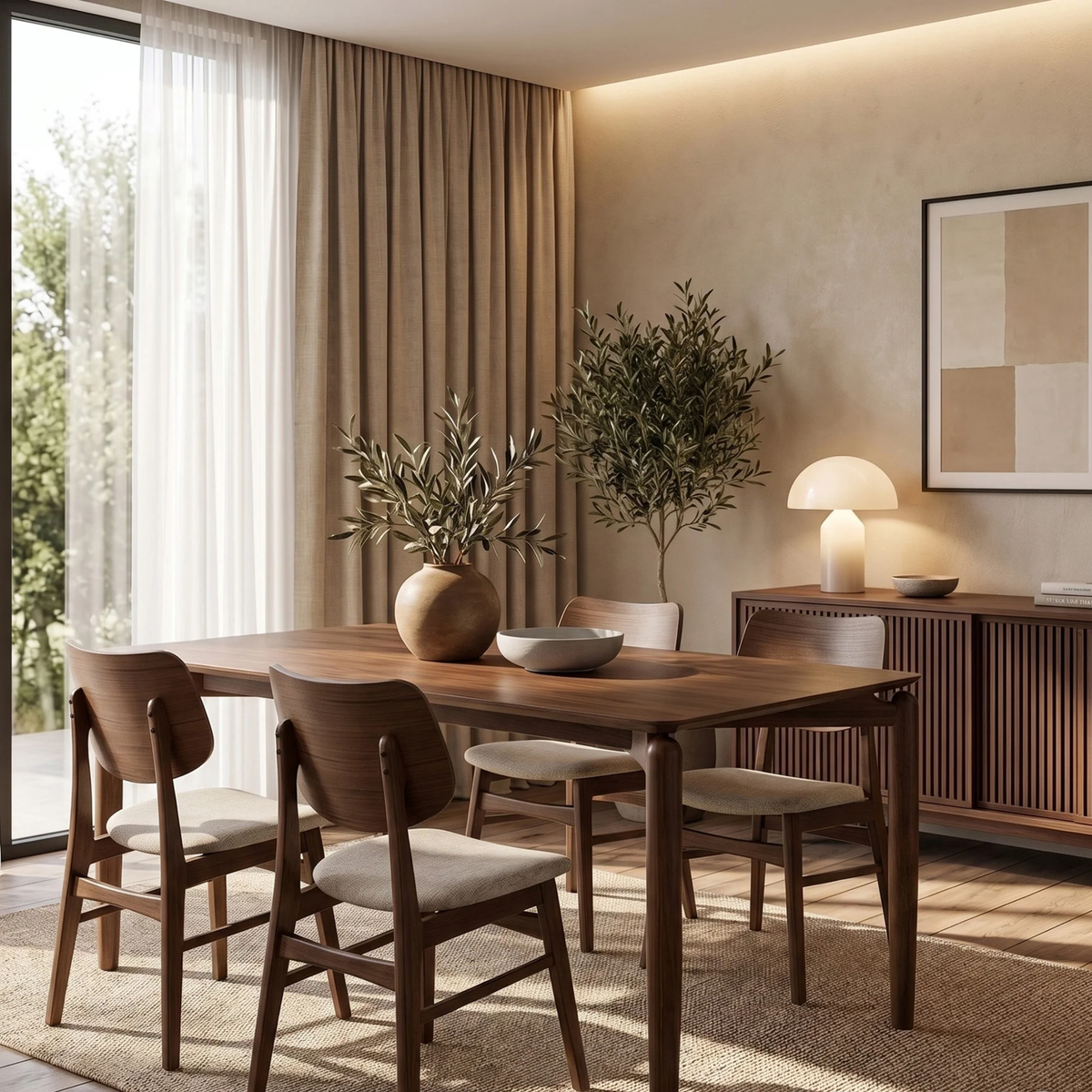 Dalia 150cm Walnut Dining Set – 4-Leg Base Table with 4 Kibano Oatmeal Bouclé Chairs