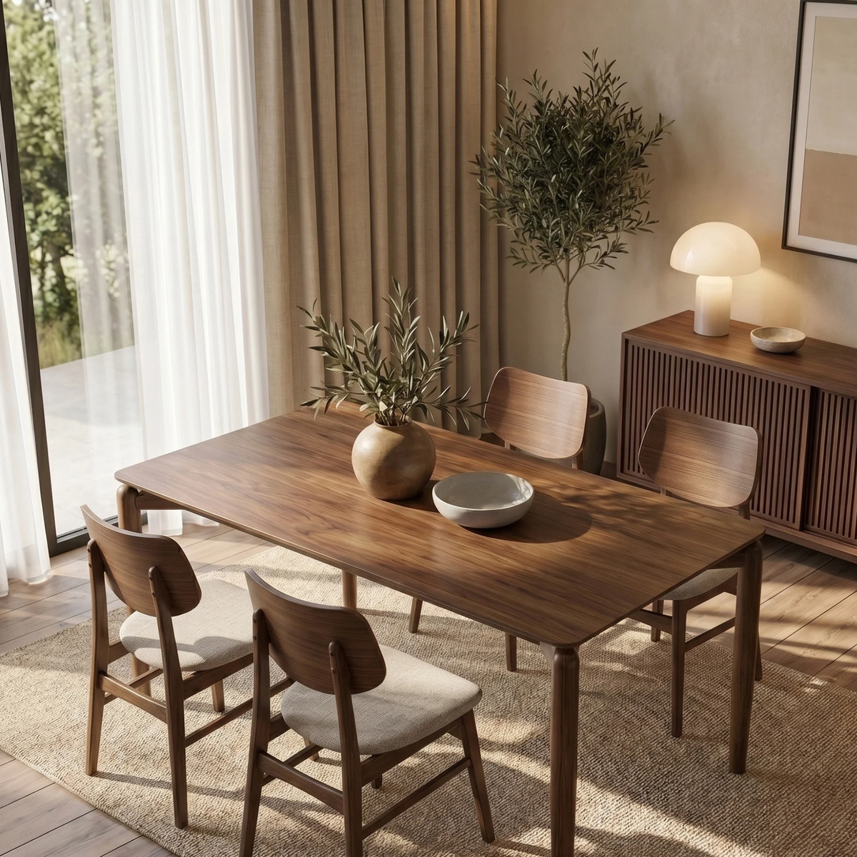 Dalia 150cm Walnut Dining Set – 4-Leg Base Table with 4 Kibano Oatmeal Bouclé Chairs